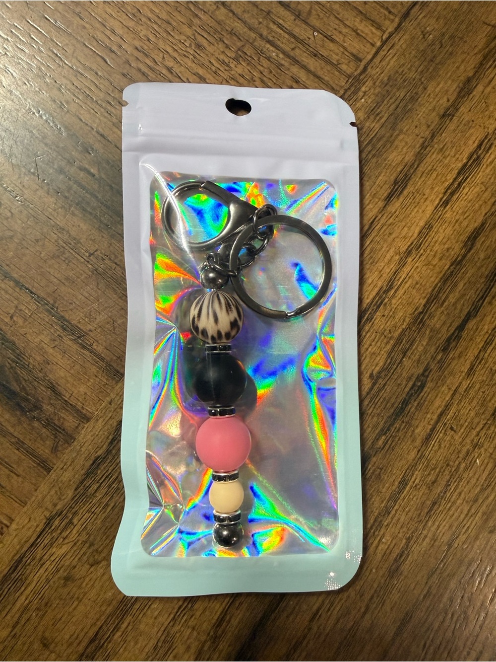 Beaded Tassel Keychain - Pink, Black & Cream. Leopard.